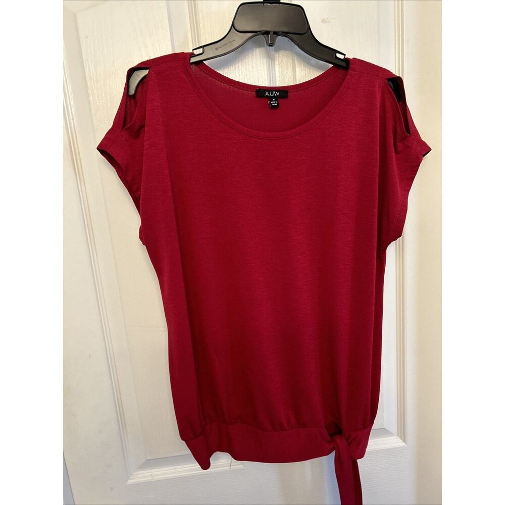 AUW size Medium Red Solid Slit Sleeve design, Tie Waist Polyester Blouse